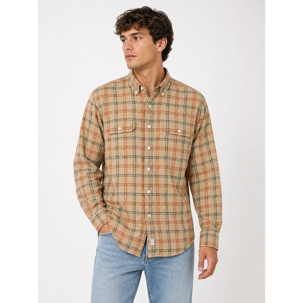 Polo Ralph Lauren Mens Plaid Button Down Shirt Tan Orange Green Large 16.5 L/S